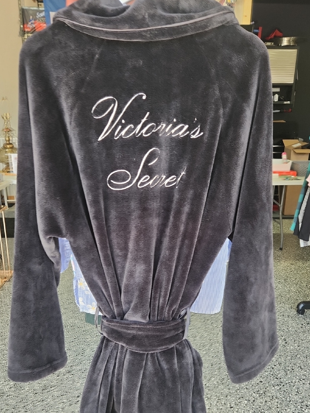Victoria's Secret Dark Charcoal Plush Robe with Embroidered Logo